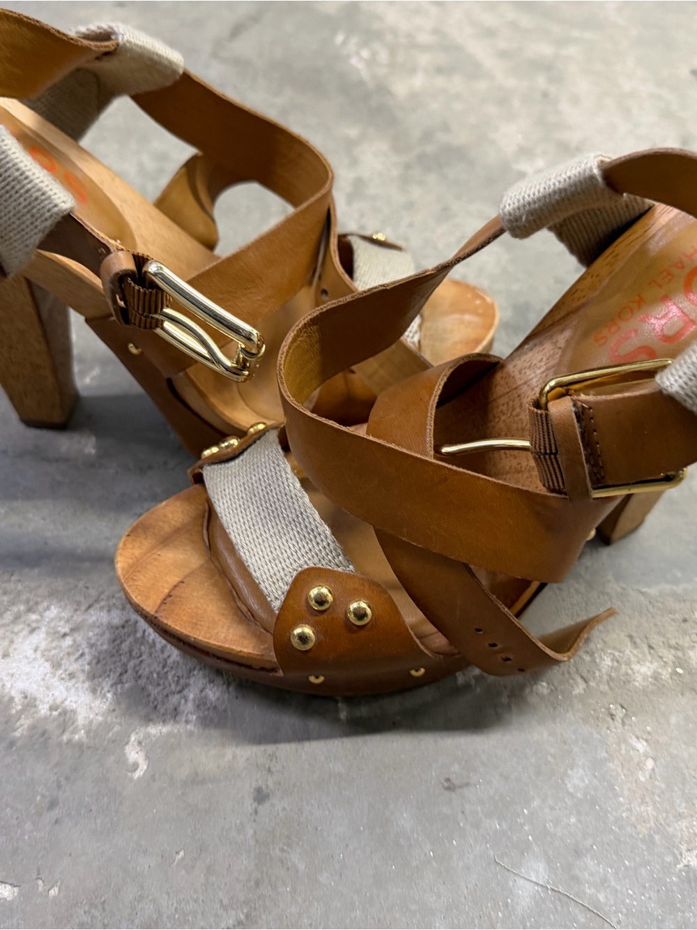 Michael Kors Tan Leather & Cream Fabric Strappy Block Heel Sandals